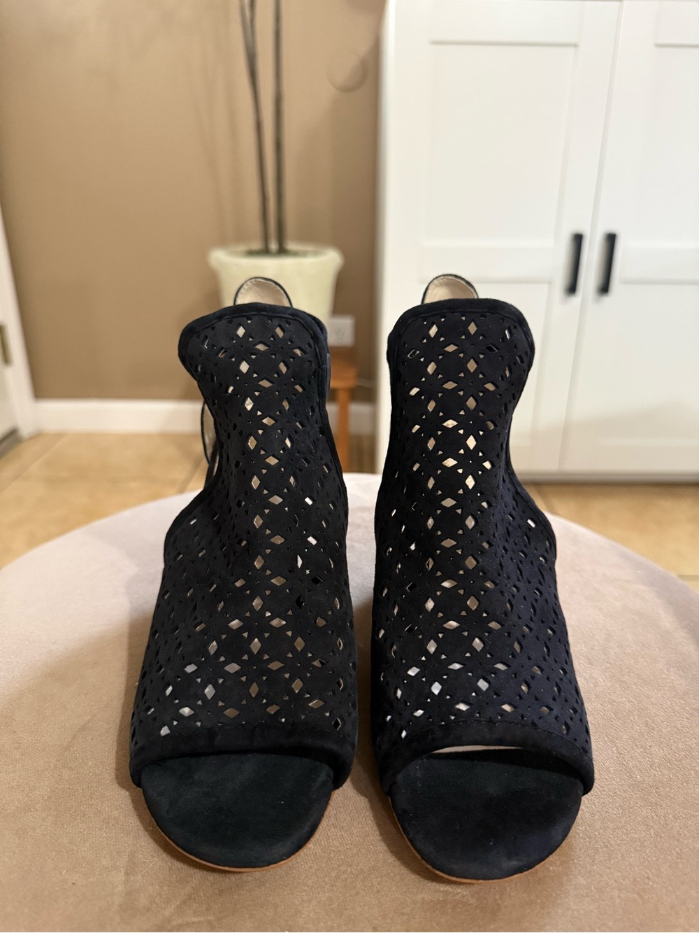 Cole Haan Black Laser-Cut Peep-Toe Booties - Women’s Fashion Heel